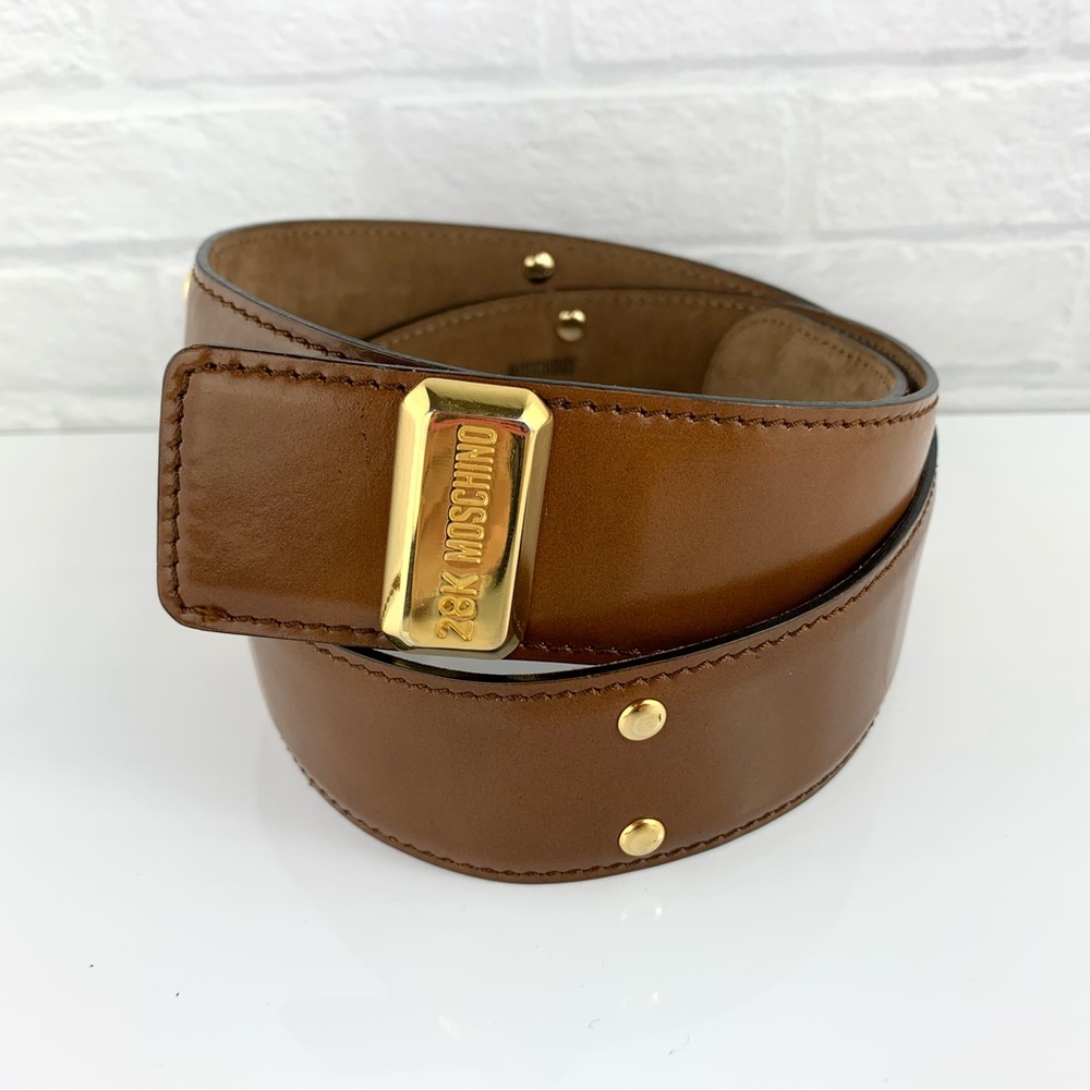 RARE! Vintage Moschino 28K Gold Redwall Italy Tan Leather Belt Women's Sz IT 46
